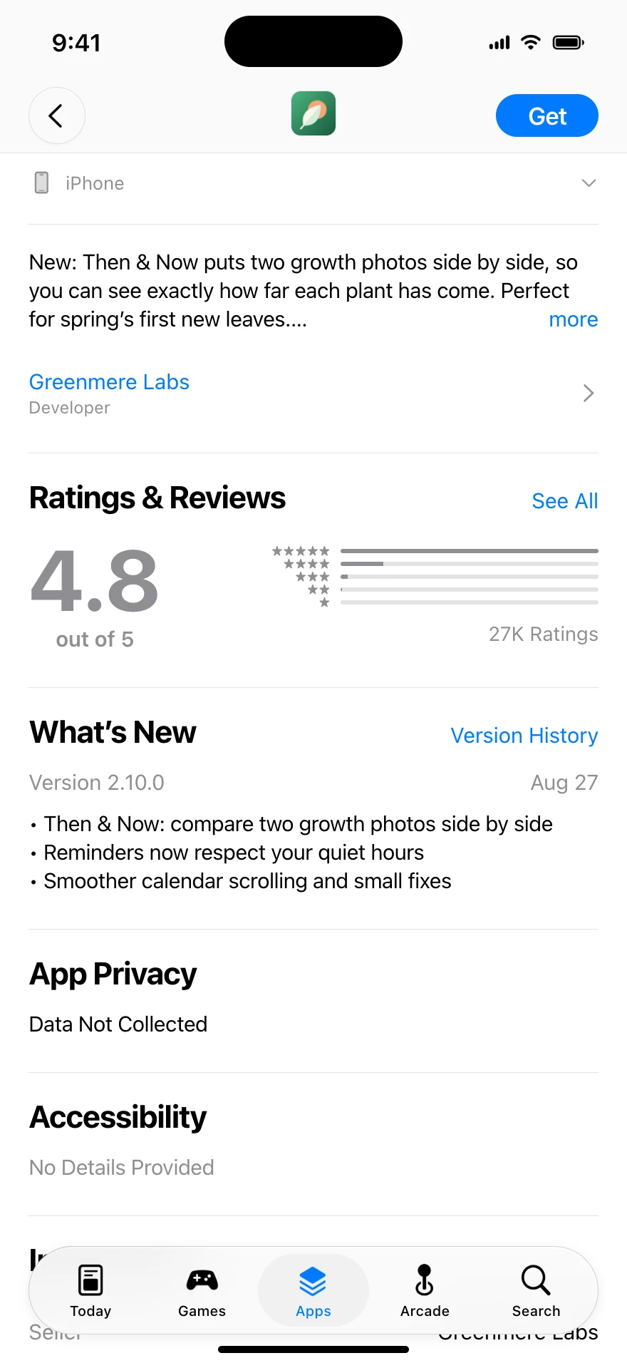 The same product page scrolled down: promotional text, description, ratings and What’s New.
