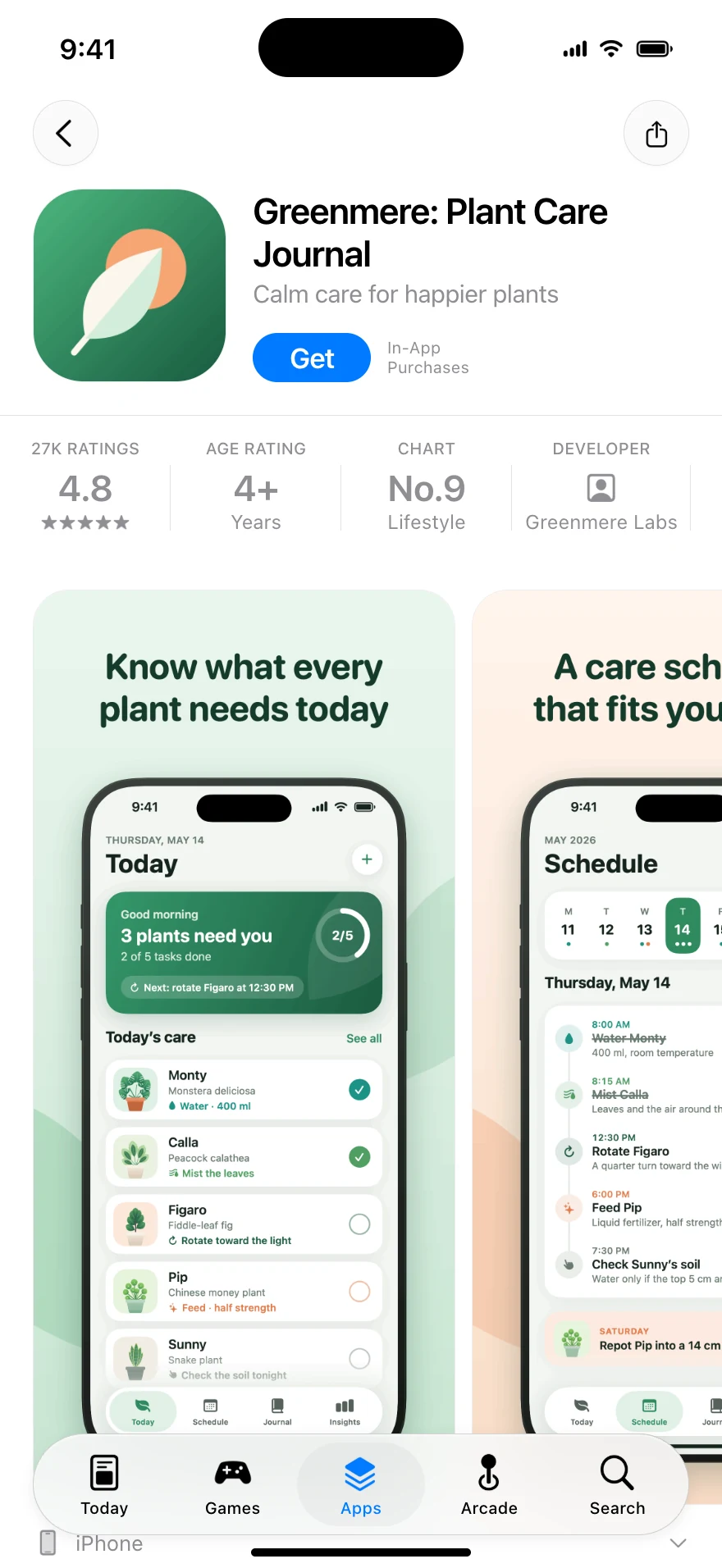 App Store product page for the sample app Greenmere, rendered by Fastlane Preview: icon, name, subtitle, ratings row and screenshots.