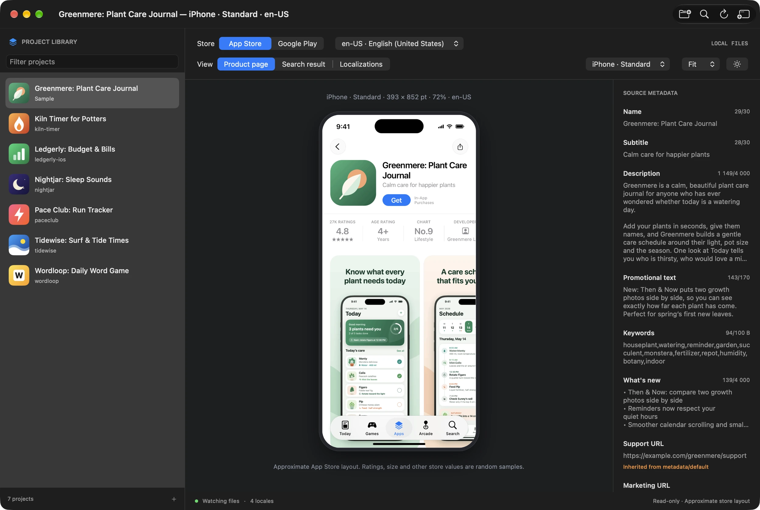 Fastlane Preview window: a library of seven projects, the App Store product page of the Greenmere sample on an iPhone, and the Source Metadata panel.
