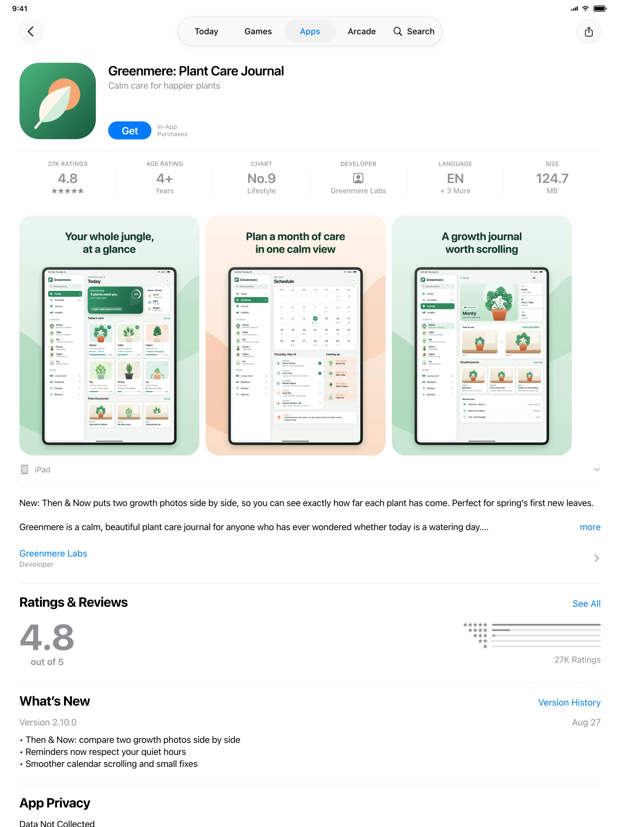 Greenmere App Store page on a 13-inch iPad.